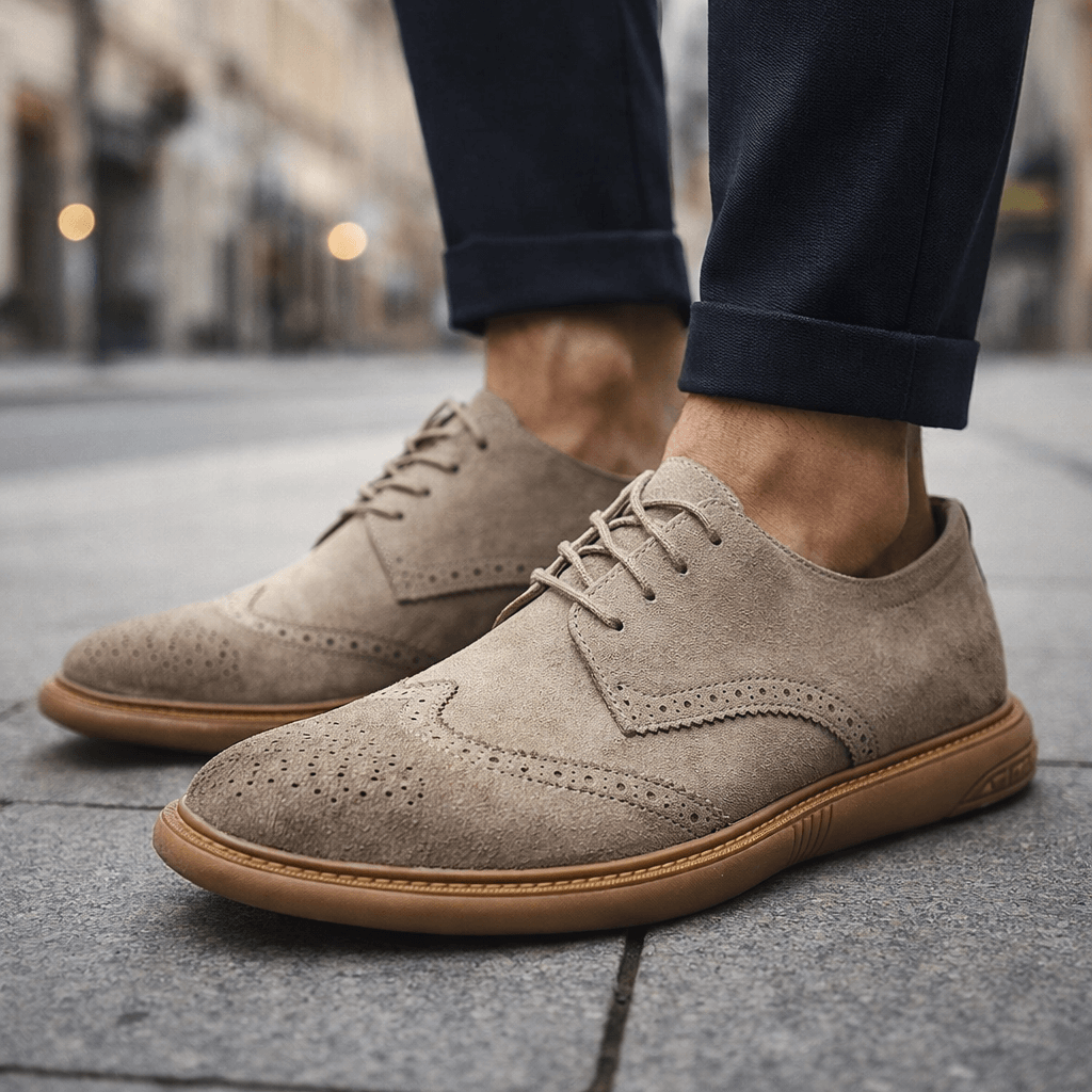 Men’s Suede Brogue Lace-Up Shoes in Beige