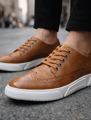 Men’s Leather Brogue Lace-Up Trainers in Light Brown