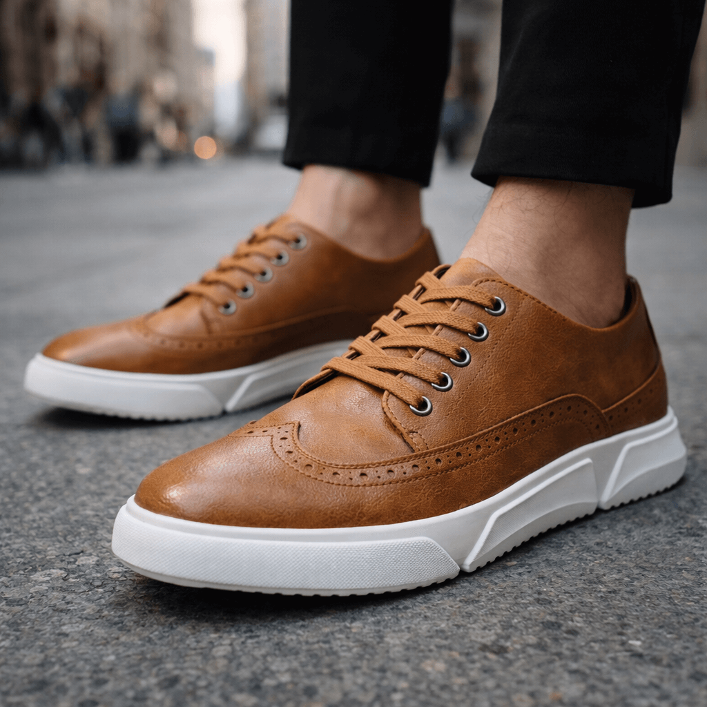 Men’s Leather Brogue Lace-Up Trainers in Light Brown