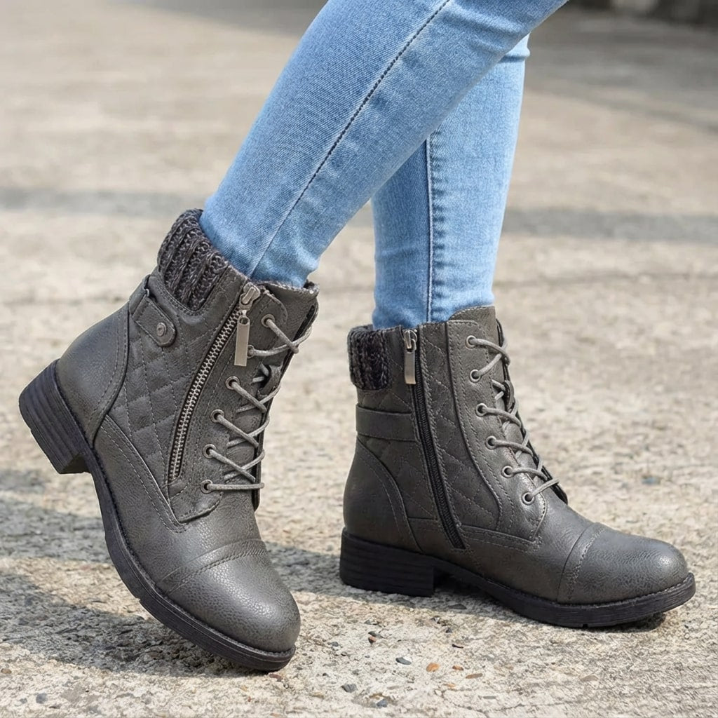Women’s Quilted Leather Lace-Up Ankle Boots in Grey