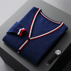 Men’s Wool-Blend Contrast-Trim Cardigan in Deep Blue
