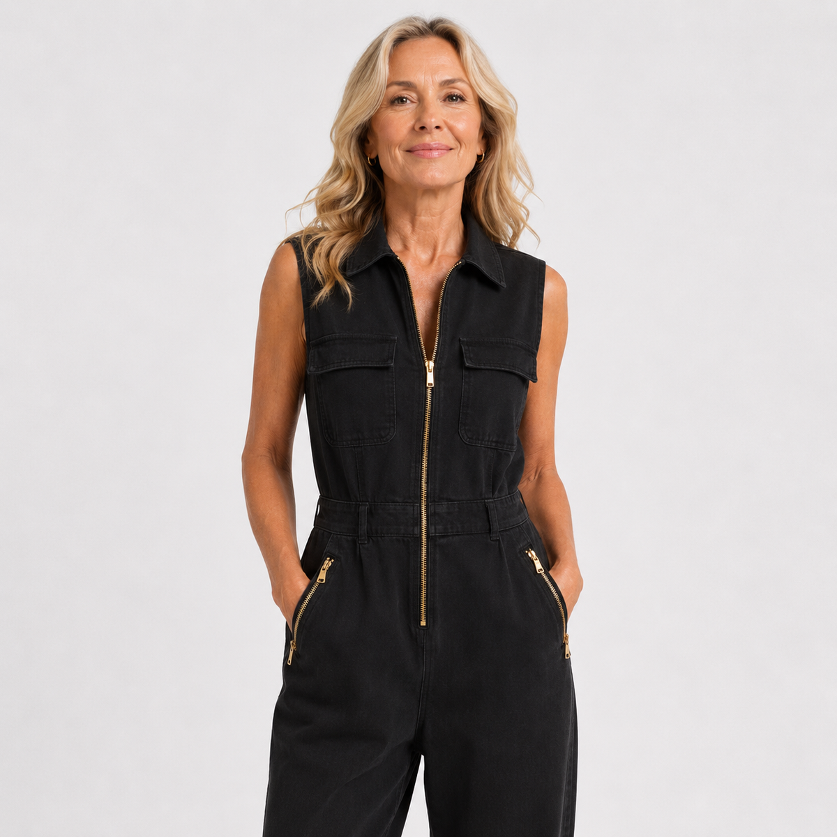 Women’s Sleeveless Utility Jumpsuit with Gold Zip