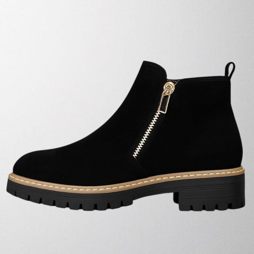 Women’s Black Suede-Look Ankle Boots with Gold Zip