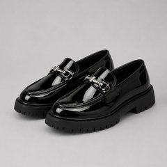Men’s Leather-Look Horsebit Lug-Sole Loafers in Bright Black