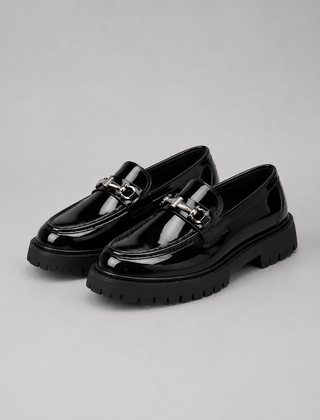 Men’s Leather-Look Horsebit Lug-Sole Loafers in Bright Black