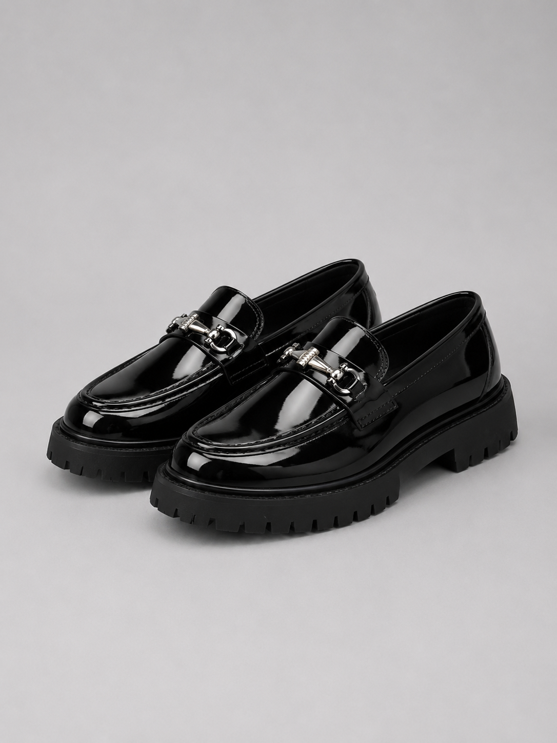 Men’s Leather-Look Horsebit Lug-Sole Loafers in Bright Black