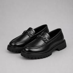 Men’s Leather-Look Horsebit Lug-Sole Loafers in Matt Black