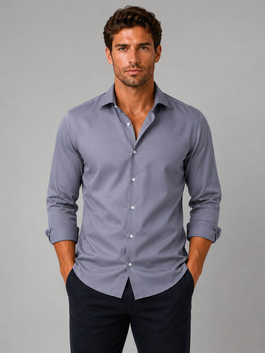 Men’s Slim-Fit Long-Sleeve Point-Collar Shirt in Grey