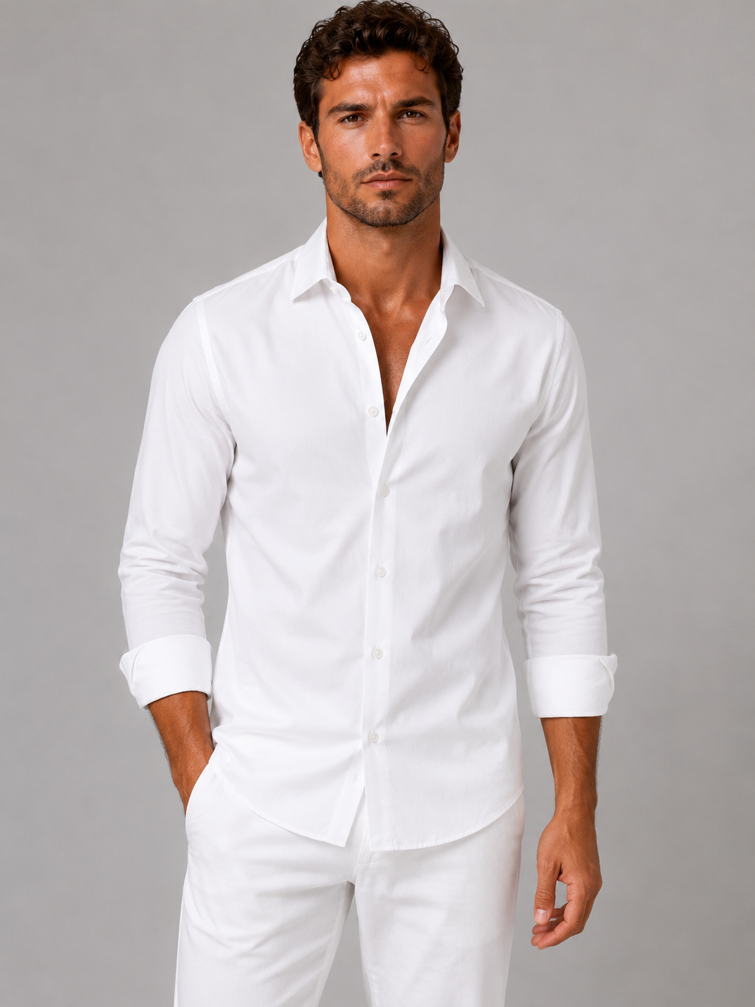 Men’s Slim-Fit Long-Sleeve Point-Collar Shirt in White