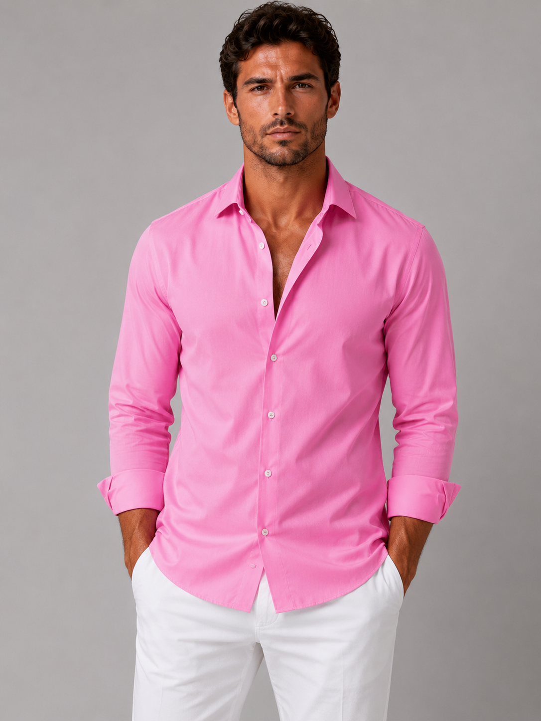 Men’s Slim-Fit Long-Sleeve Point-Collar Shirt in Pink