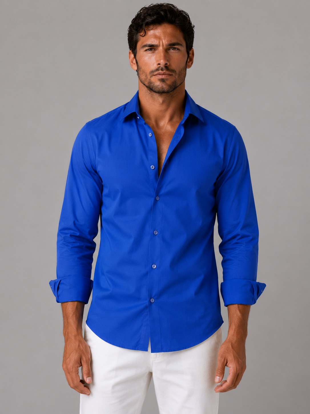 Men’s Slim-Fit Long-Sleeve Point-Collar Shirt in Blue