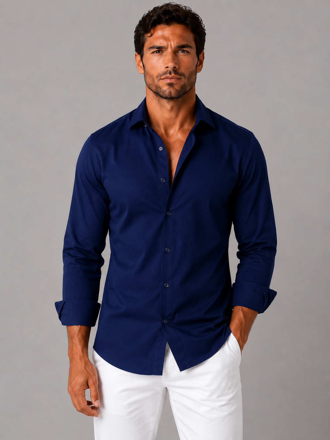 Men’s Slim-Fit Long-Sleeve Point-Collar Shirt in Navy