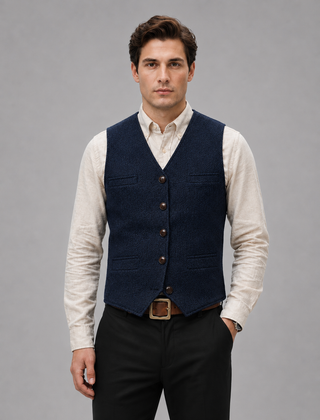 Men's Tweed Waistcoat - Tailored Smart Casual Vest - Navy
