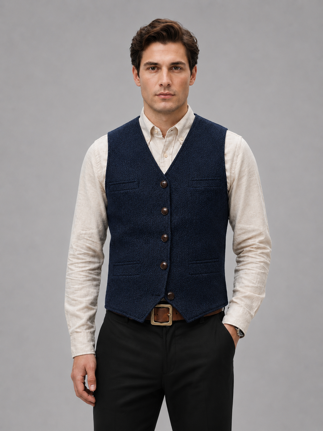 Men's Tweed Waistcoat - Tailored Smart Casual Vest - Navy