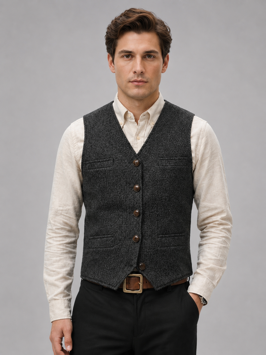 Men's Tweed Waistcoat - Tailored Smart Casual Vest - Dark Grey