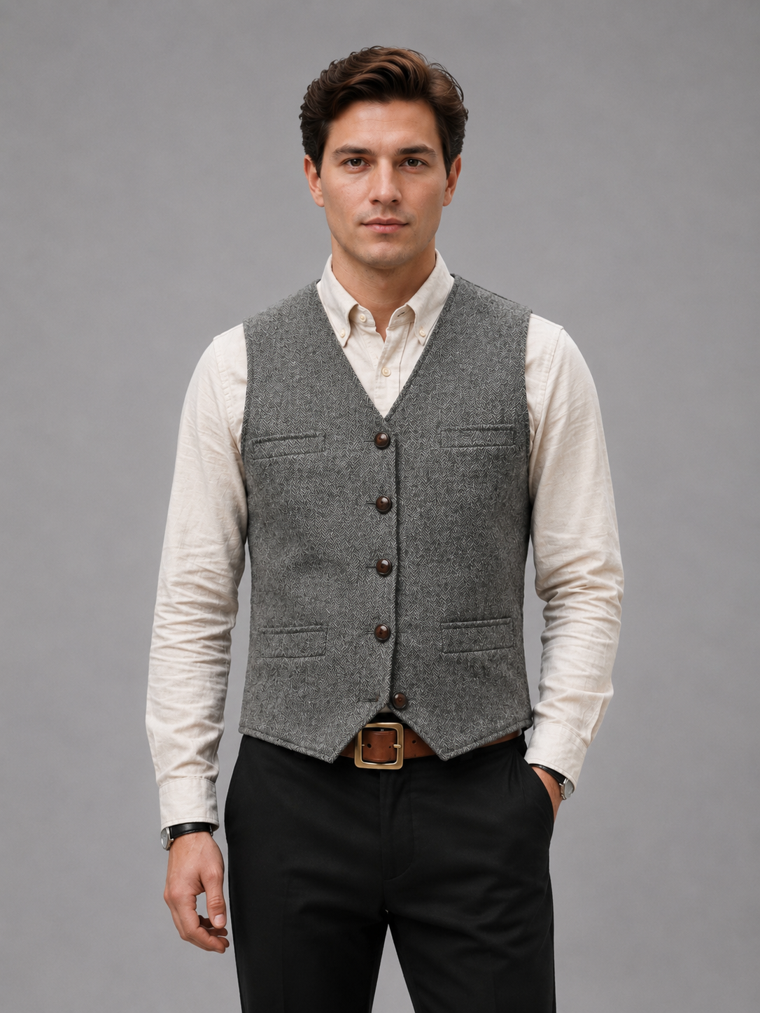 Men's Tweed Waistcoat - Tailored Smart Casual Vest - Light Grey