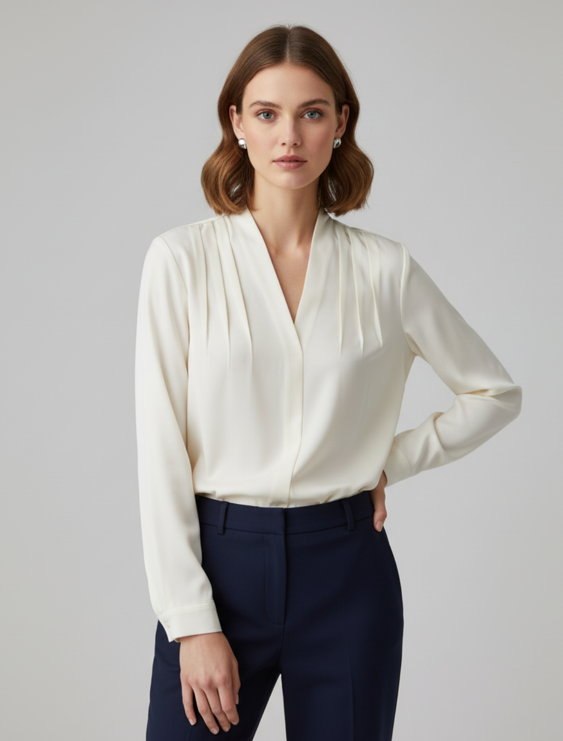 Women’s Pleated V-Neck Satin Blouse
