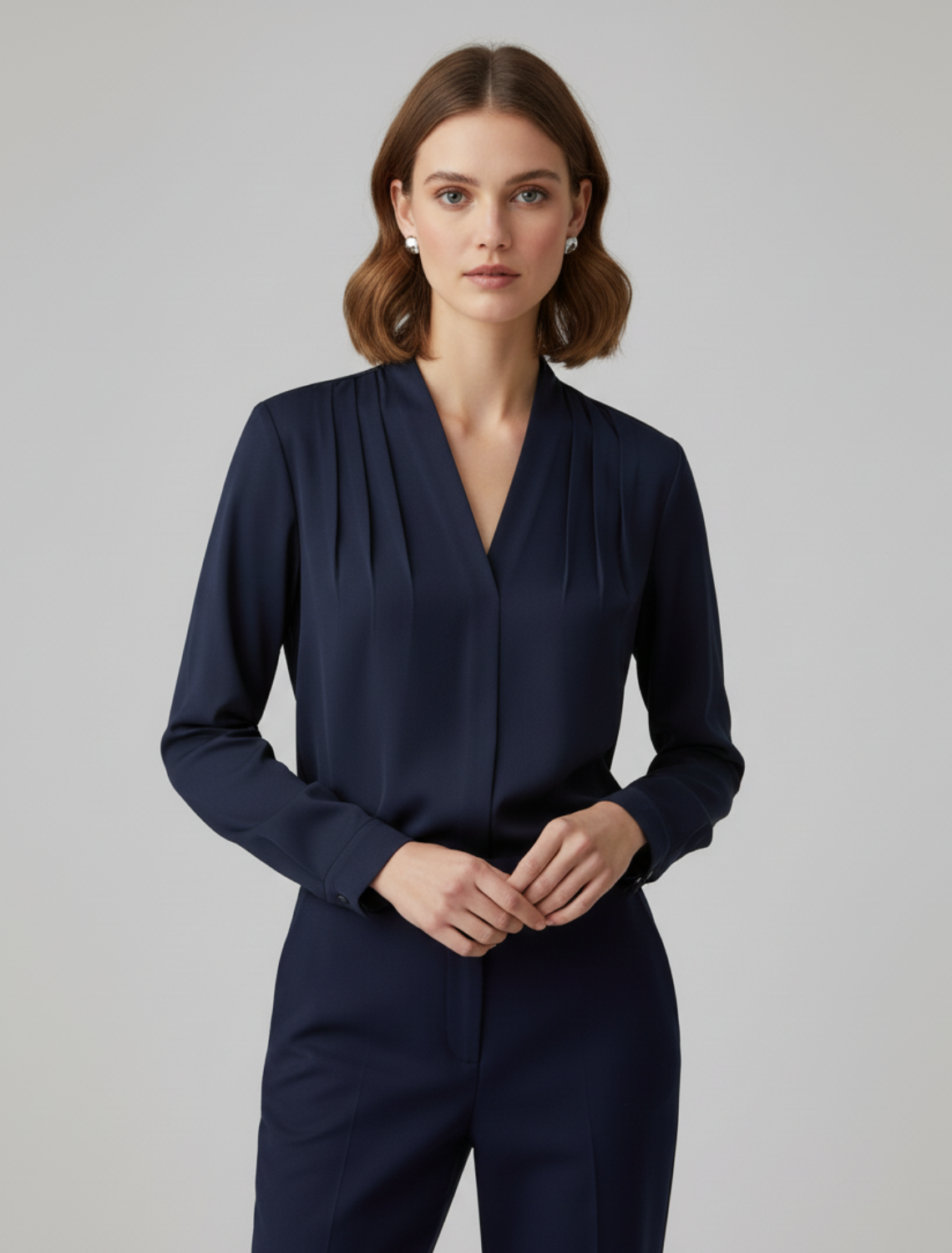 Women’s Pleated V-Neck Satin Blouse