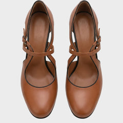 Women’s Leather Cross-Strap Rounded-Toe Block Heels in Brown