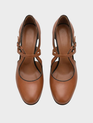 Women’s Leather Cross-Strap Rounded-Toe Block Heels in Brown