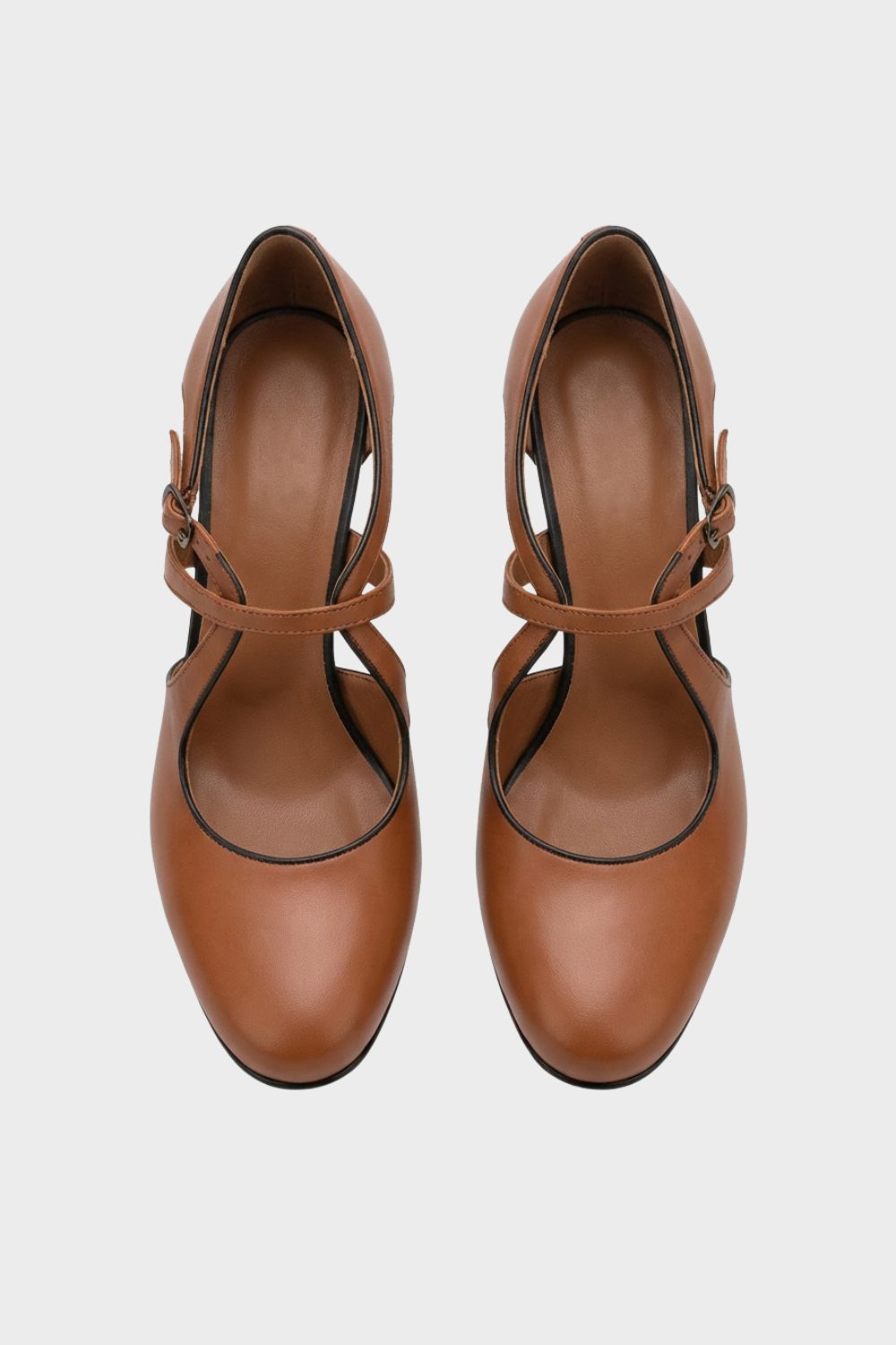 Women’s Leather Cross-Strap Rounded-Toe Block Heels in Brown