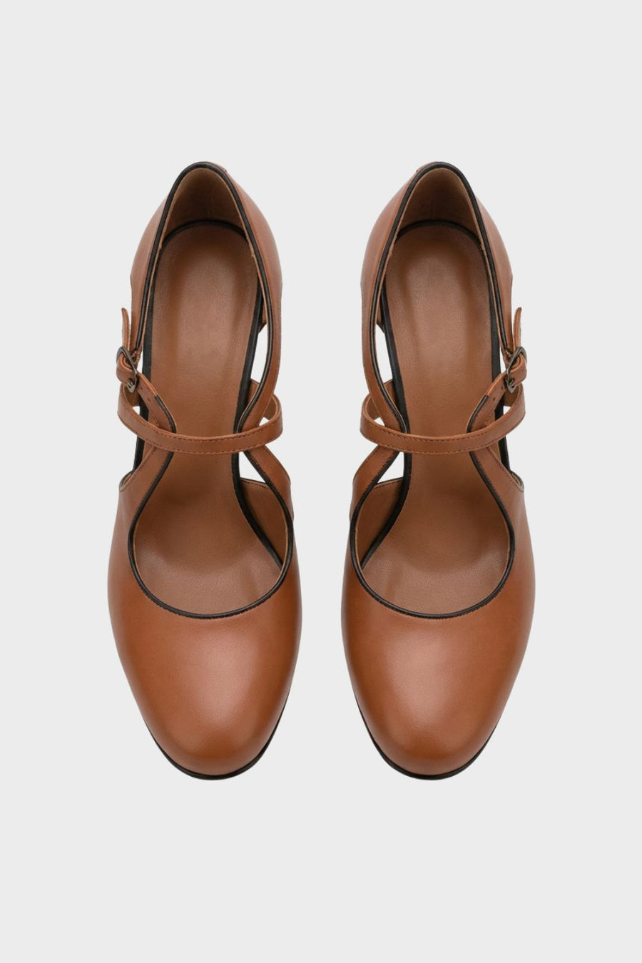 Women’s Leather Cross-Strap Rounded-Toe Block Heels in Brown