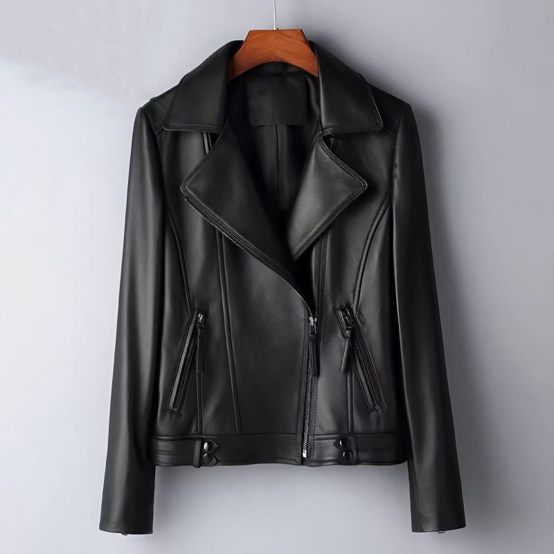 Women’s Smooth Leather Structured Biker Jacket in Black