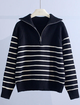 Women’s Cotton Striped Half-Zip Jumper in Black