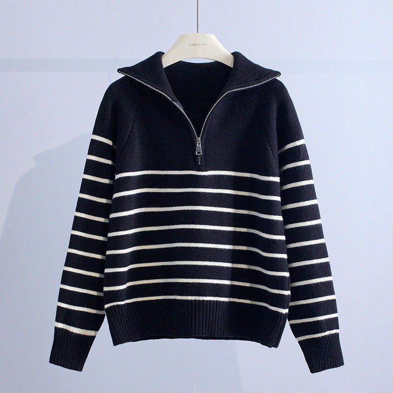 Women’s Cotton Striped Half-Zip Jumper in Black