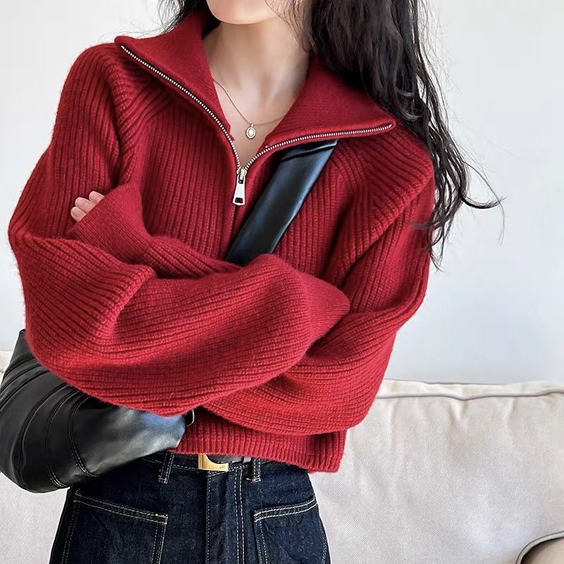 Women’s Oversized Quarter-Zip Knit Jumper in Red