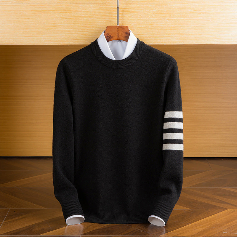 Men’s Lambswool Sleeve-Stripe Jumper in Black