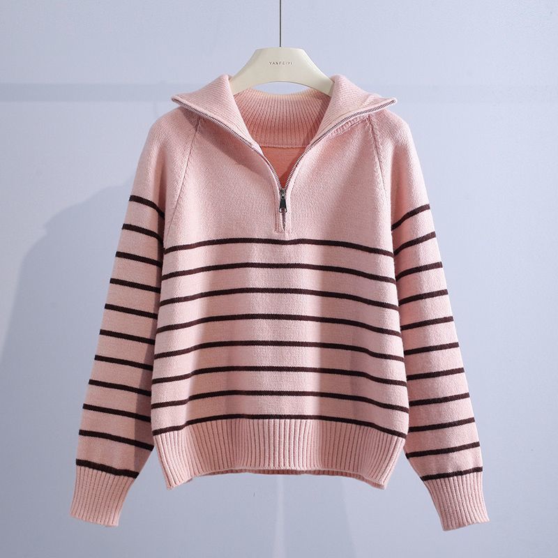 Women’s Cotton Striped Half-Zip Jumper in Pink