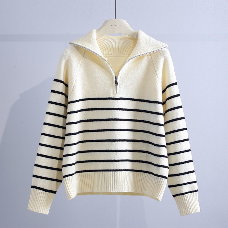 Women’s Cotton Striped Half-Zip Jumper in White