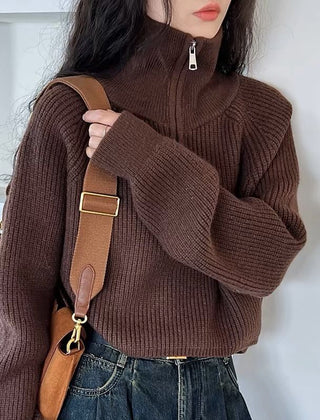 Women’s Oversized Quarter-Zip Knit Jumper in Brown
