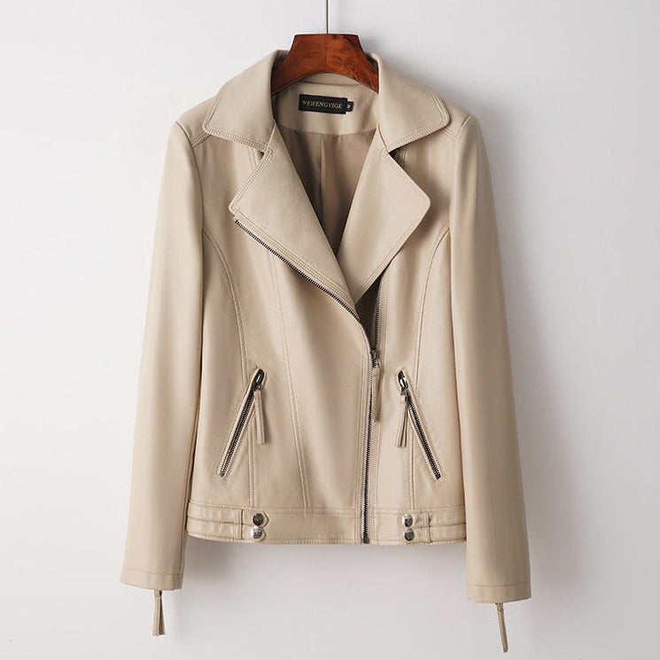 Women’s Smooth Leather Structured Biker Jacket in Cream
