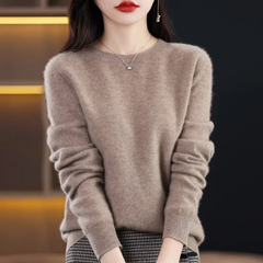 Women’s Soft Crew-Neck Rib-Trim Jumper in Light Brown