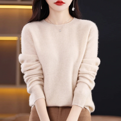 Women’s Soft Crew-Neck Rib-Trim Jumper in Beige