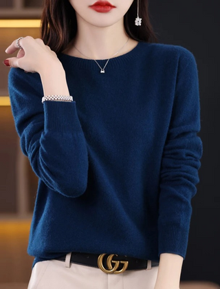 Women’s Soft Crew-Neck Rib-Trim Jumper in Dark Blue