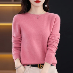Women’s Soft Crew-Neck Rib-Trim Jumper in Pale Pink