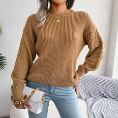 Women’s Textured-Sleeve Crew-Neck Jumper in Khaki