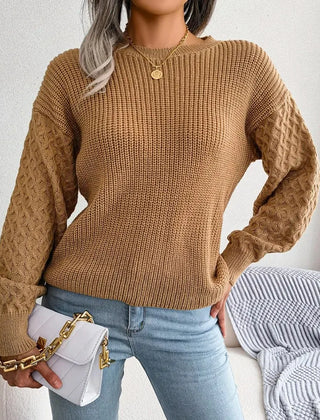 Women’s Textured-Sleeve Crew-Neck Jumper in Khaki