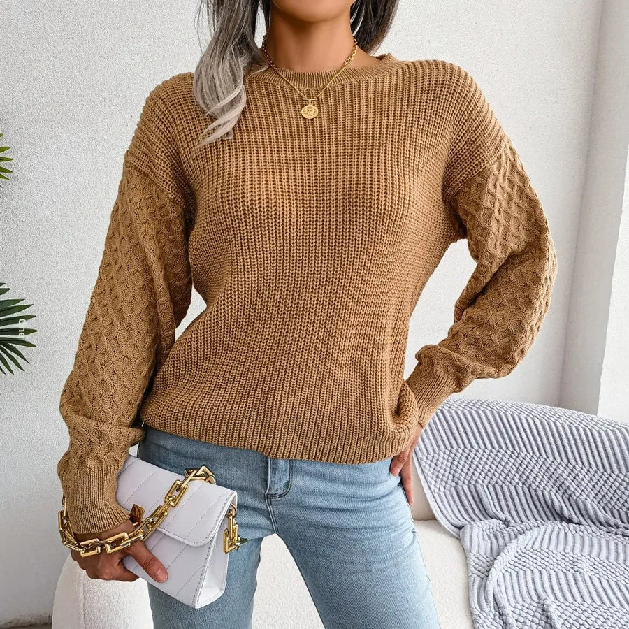 Women’s Textured-Sleeve Crew-Neck Jumper in Khaki