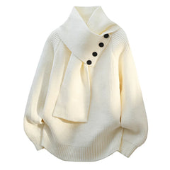Women’s Buttoned Scarf-Neck Knit Jumper in White