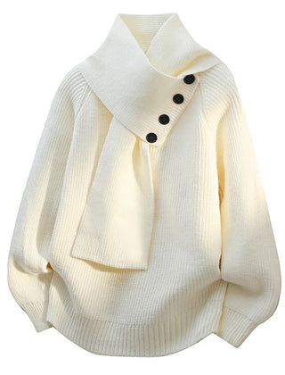 Women’s Buttoned Scarf-Neck Knit Jumper in White