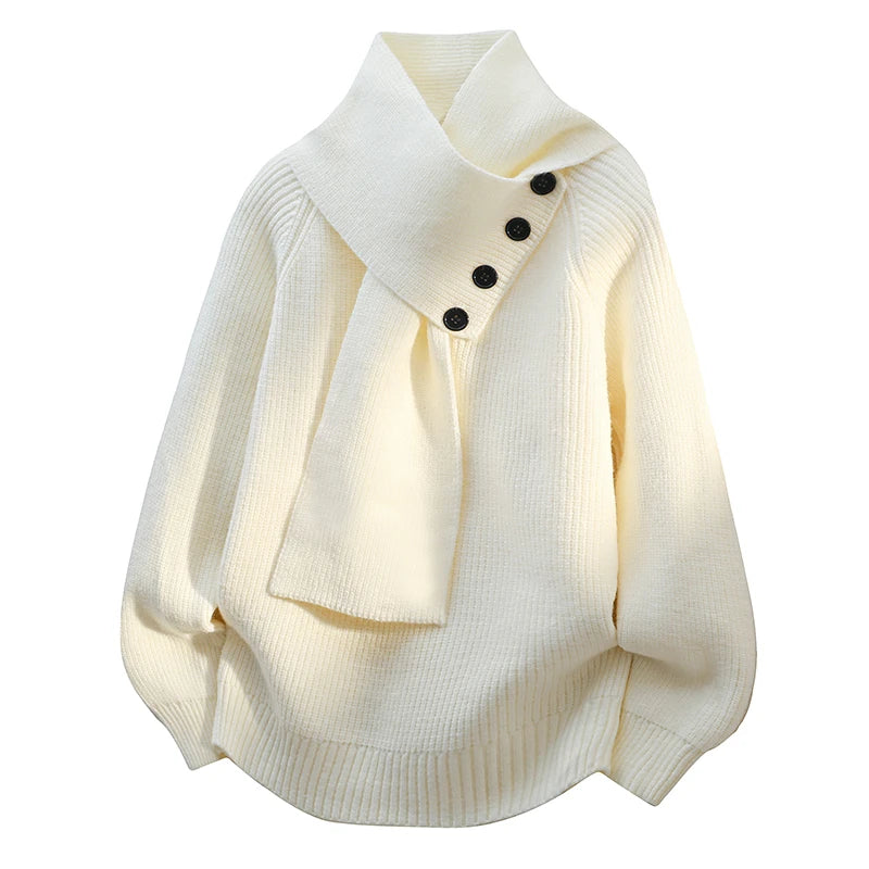 Women’s Buttoned Scarf-Neck Knit Jumper in White