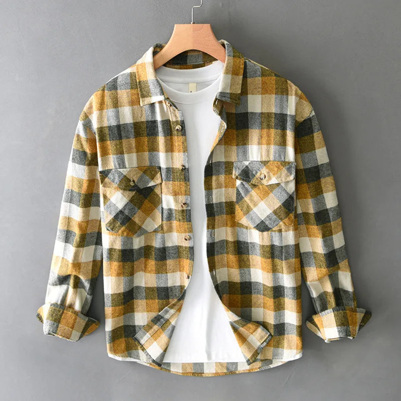 Men’s Brushed Cotton Check Flannel Shirt in Yellow