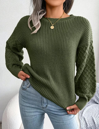 Women’s Textured-Sleeve Crew-Neck Jumper in Green
