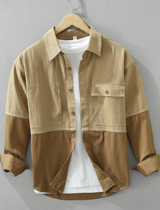 Men’s Two-Tone Cotton Twill Overshirt in Khaki
