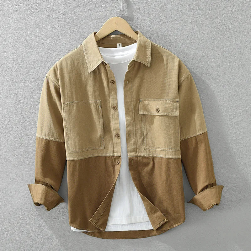 Men’s Two-Tone Cotton Twill Overshirt in Khaki