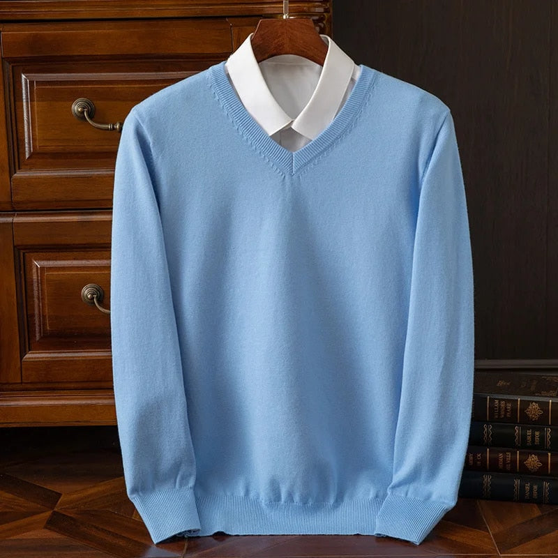 Men’s Cashmere-Blend V-Neck Jumper in Sky Blue